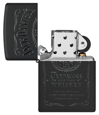 Jack Daniel's Black Matte Windproof Lighter with its lid open and unlit.