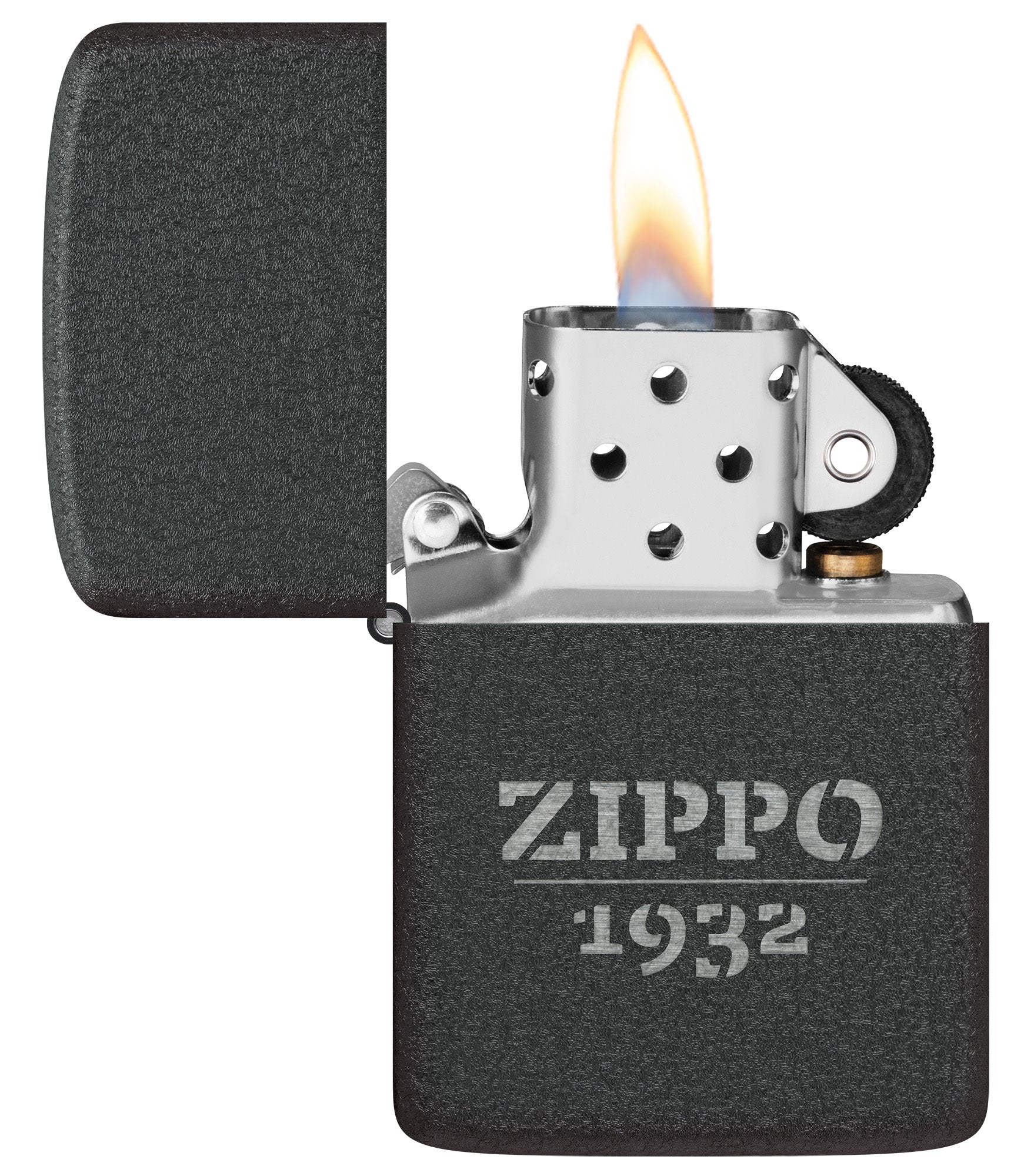 Zippo Design 1941 Replica Black CrackleÂ® Windproof Lighter with its lid open and lit.