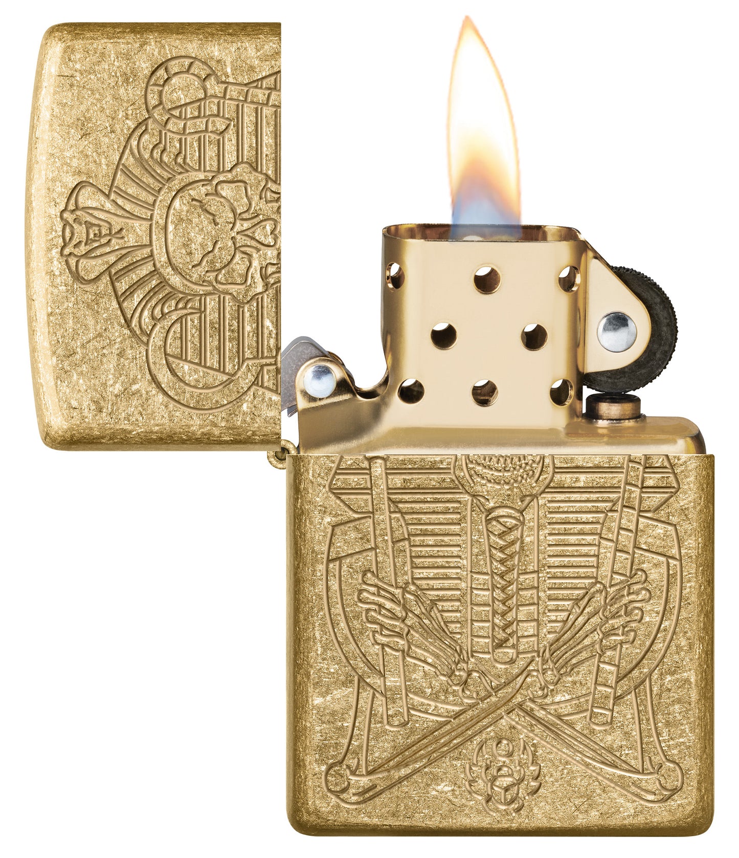 Zippo Mummy Design ArmorÂ® Tumbled Brass Windproof Lighter with its lid open and lit.