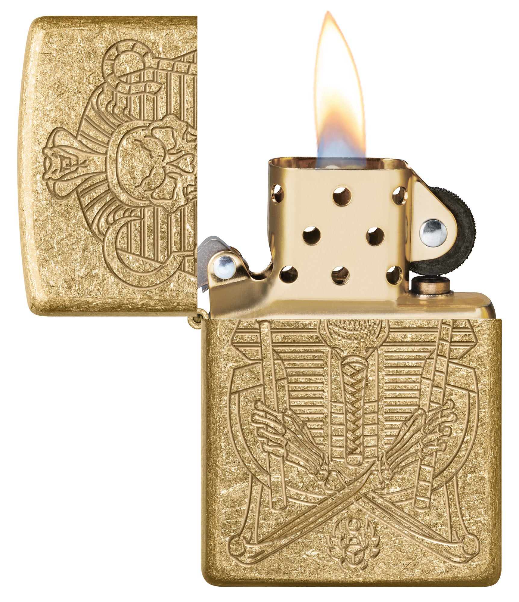 Zippo Mummy Design ArmorÂ® Tumbled Brass Windproof Lighter with its lid open and lit.