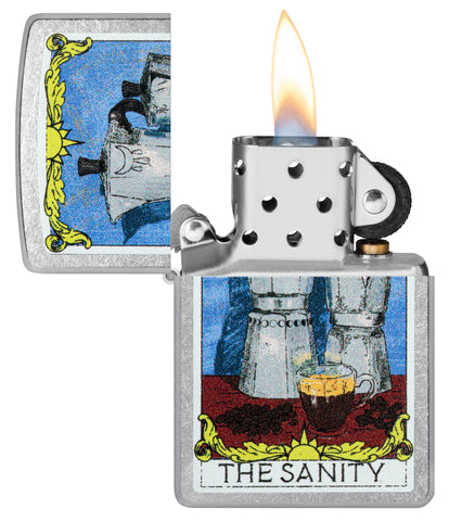 Zippo Coffee Sanity Street Chrome Windproof Lighter with its lid open and lit.