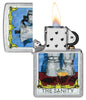 Zippo Coffee Sanity Street Chrome Windproof Lighter with its lid open and lit.