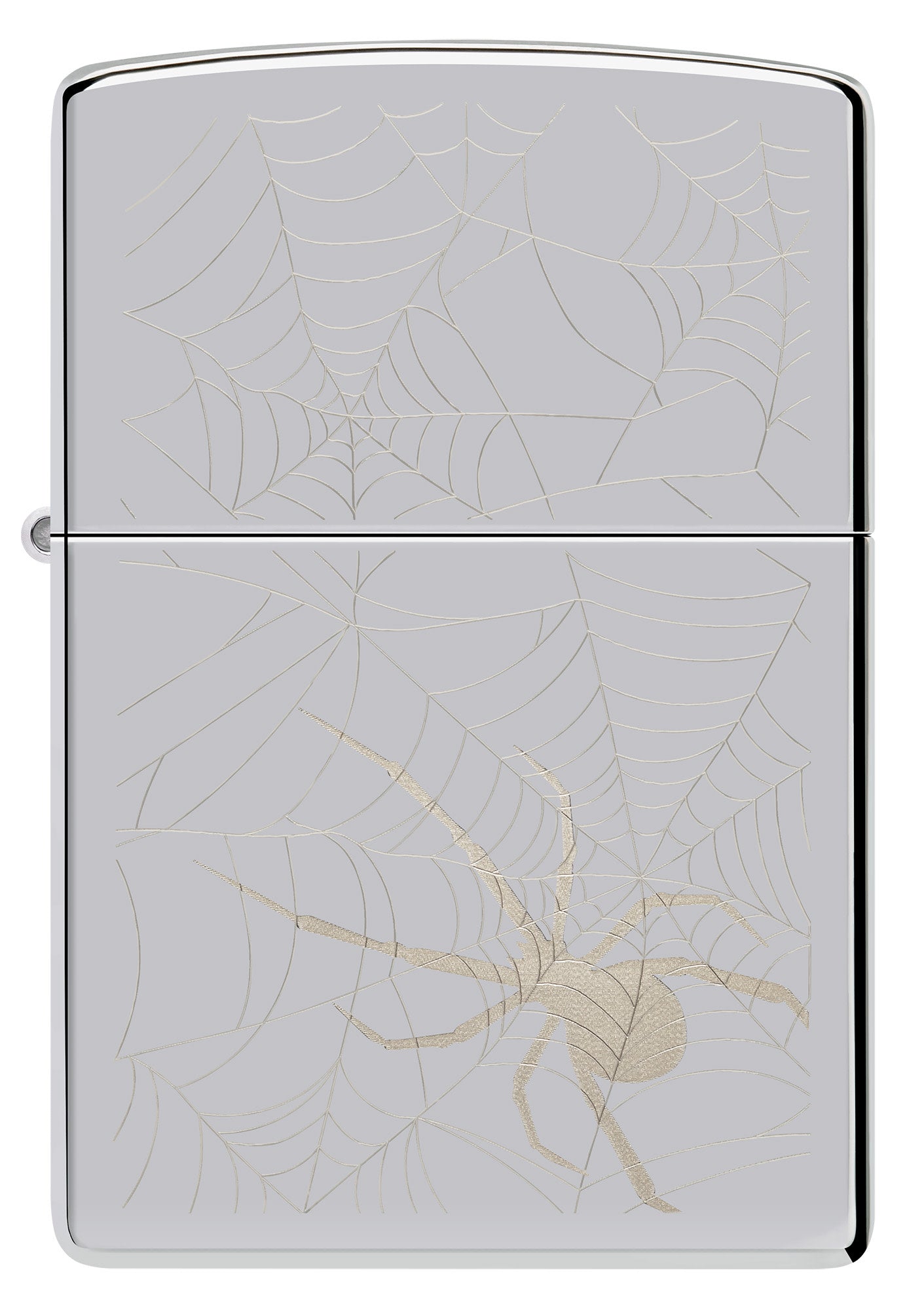 Front view of Zippo Spider Web Design High Polish Chrome Windproof Lighter.
