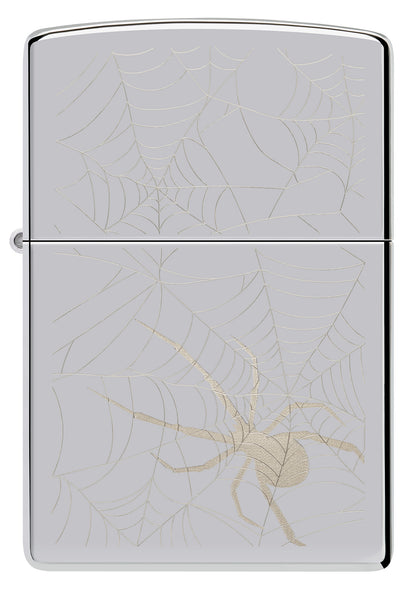 Front view of Zippo Spider Web Design High Polish Chrome Windproof Lighter.