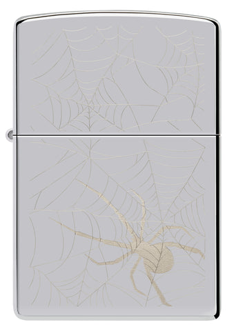 Front view of Zippo Spider Web Design High Polish Chrome Windproof Lighter.