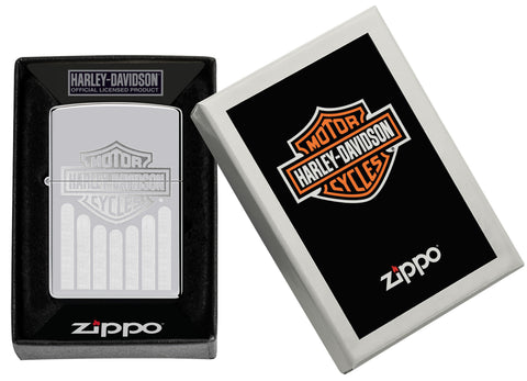 Zippo Harley-Davidson® High Polish Chrome Windproof Lighter in its packaging.