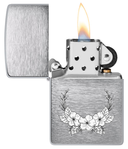 White Flower Design Windproof Lighter with its lid open and lit