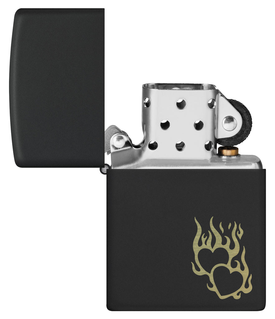Zippo Fire Heart Design Black Matte Windproof Lighter with its lid open and unlit.