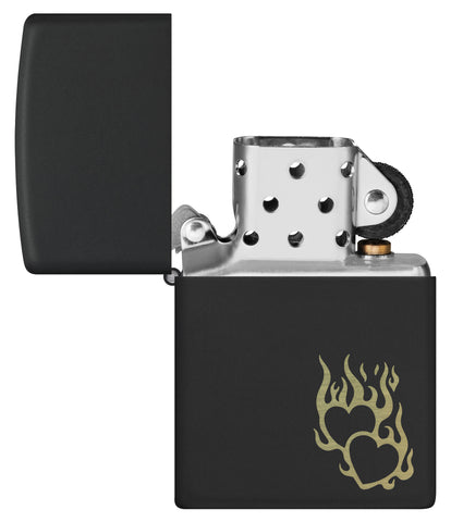 Zippo Fire Heart Design Black Matte Windproof Lighter with its lid open and unlit.
