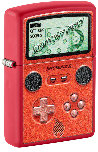 Front shot of Zippotronic Design Red Matte Windproof Lighter standing at a 3/4 angle.