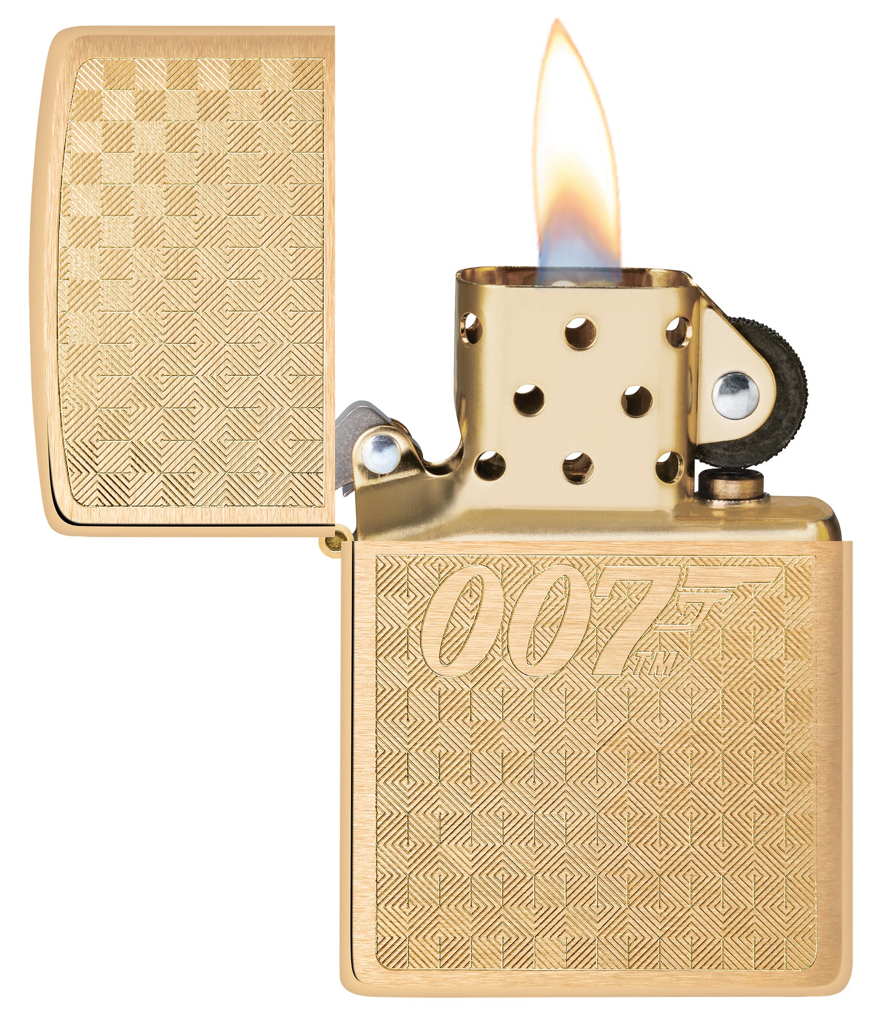 Zippo Textured James Bond 007â„¢ Design Brushed Brass Windproof Lighter with its lid open and lit.