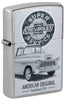 Front shot of Zippo Chevrolet Street Chrome Pocket Lighter standing at a 3/4 angle.