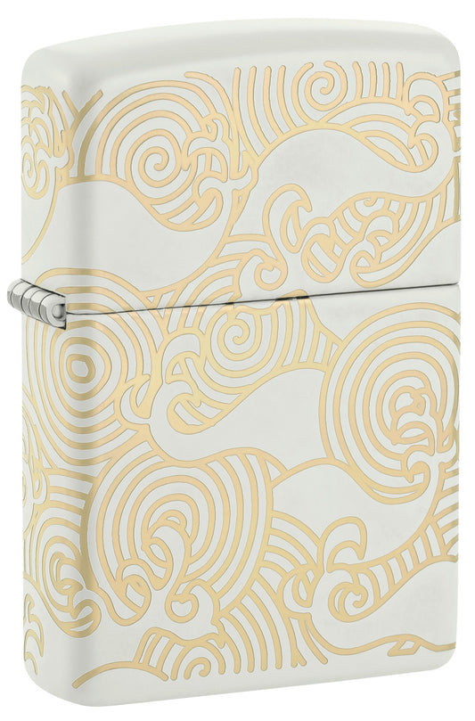 Front shot of Zippo Waves Design White Matte Pocket Lighter standing at a 3/4 angle.