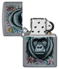 Zippo Floral Gorilla Design Flat Grey Windproof Lighter with its lid open and unlit.