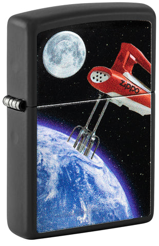 Front shot of Zippo Earth Mix Design Texture Print Black Matte Windproof Lighter standing at a 3/4 angle.