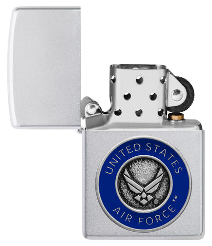 Zippo United States Air Force™ Emblem Satin Chrome Windproof Lighter with its lid open and unlit.