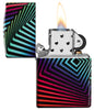 Zippo Rainbow Pattern Design 540 Color Windproof Lighter with its lid open and lit.