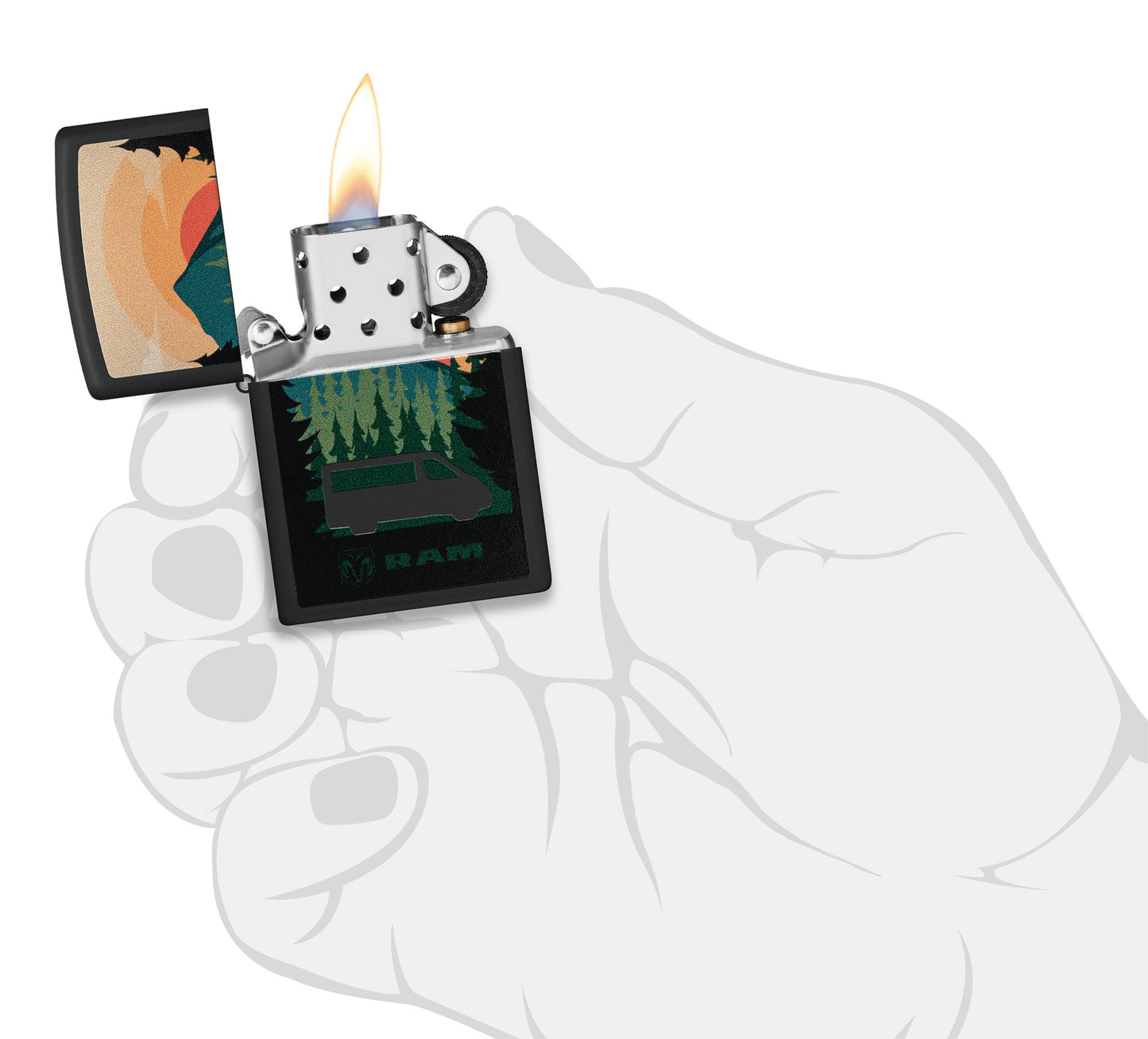 Zippo RAM Black Matte Windproof Lighter lit in hand.