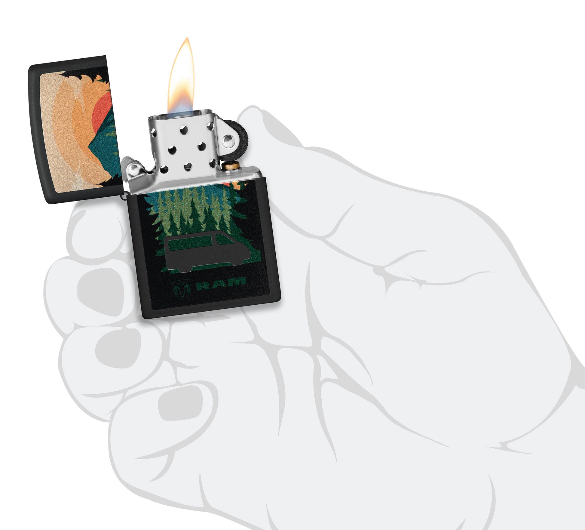 Zippo RAM Black Matte Windproof Lighter lit in hand.