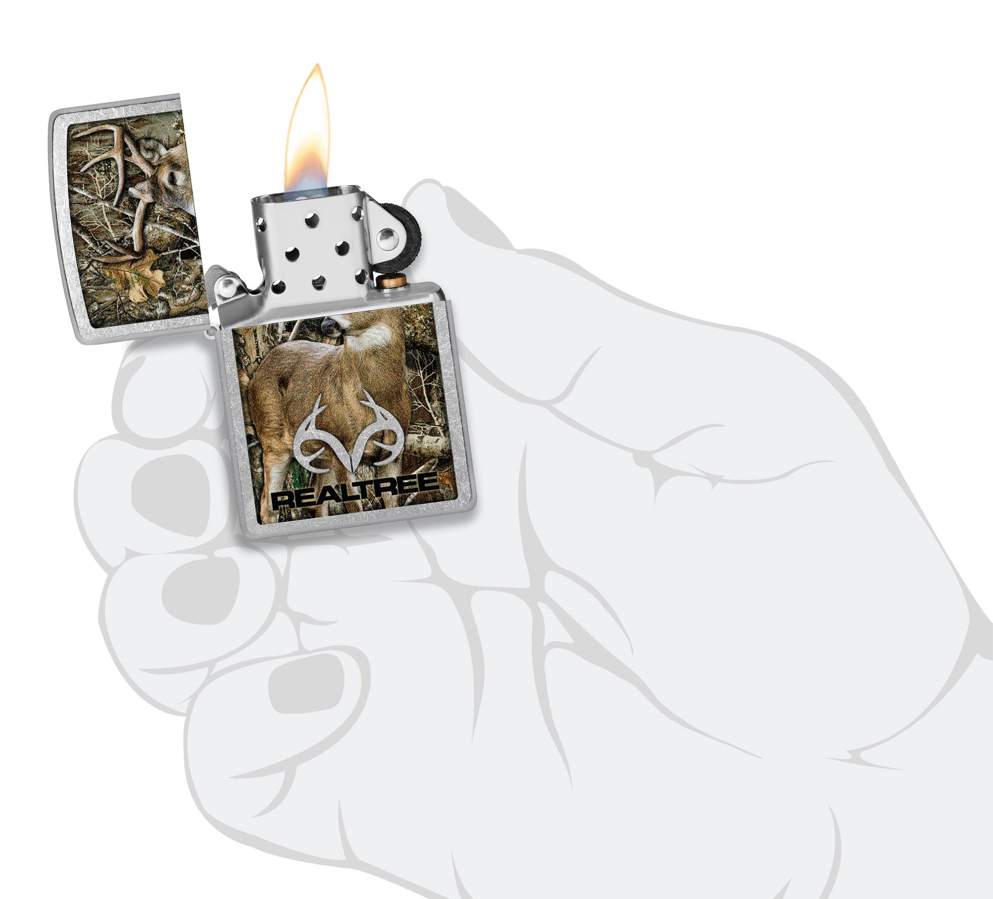 Zippo RealtreeÂ® Buck Design Street Chrome Windproof Lighter lit in hand.