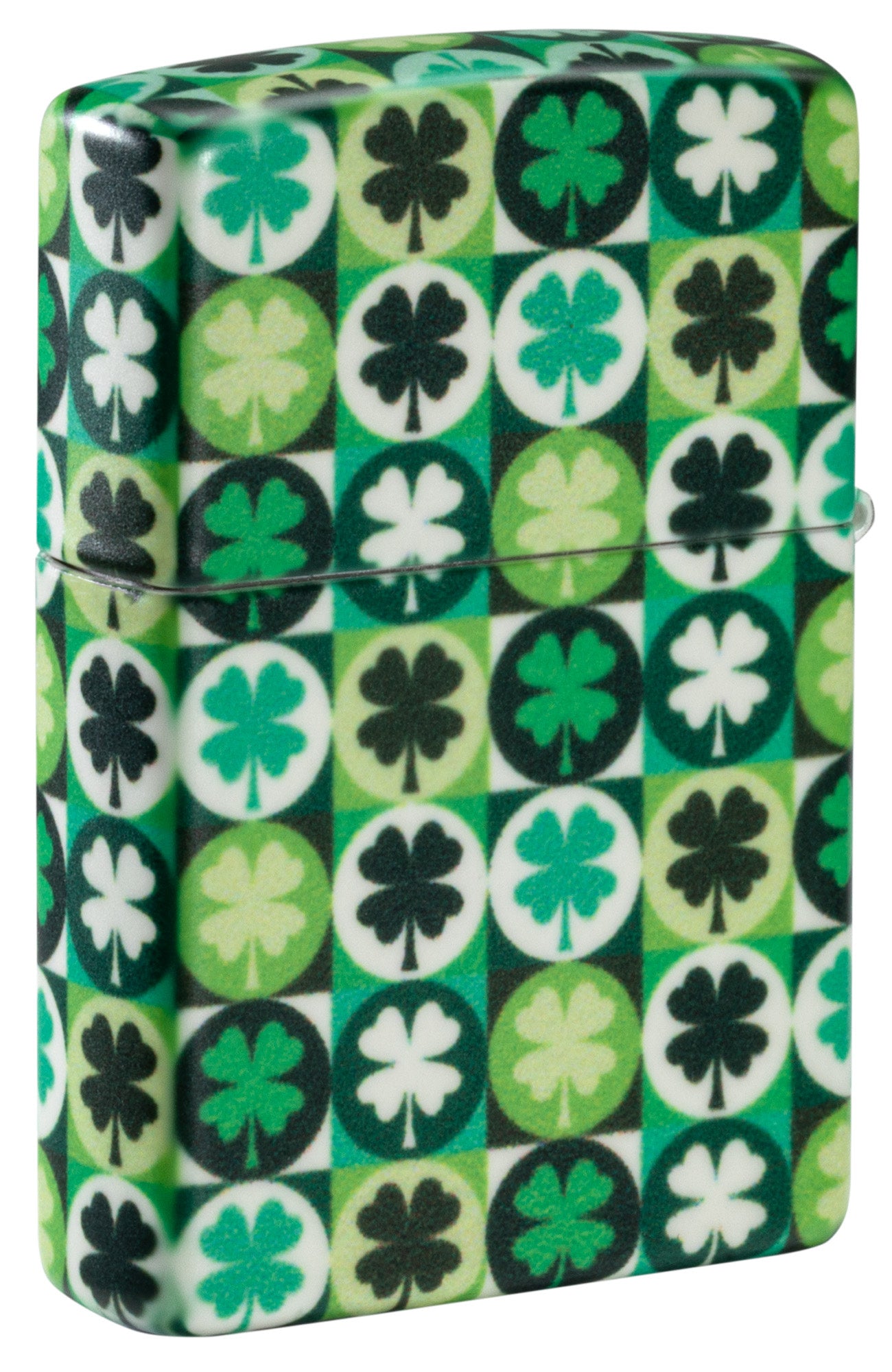 Back view of Zippo Clover Design Glow in the Dark Green Matte Windproof Lighter standing at a 3/4 angle.