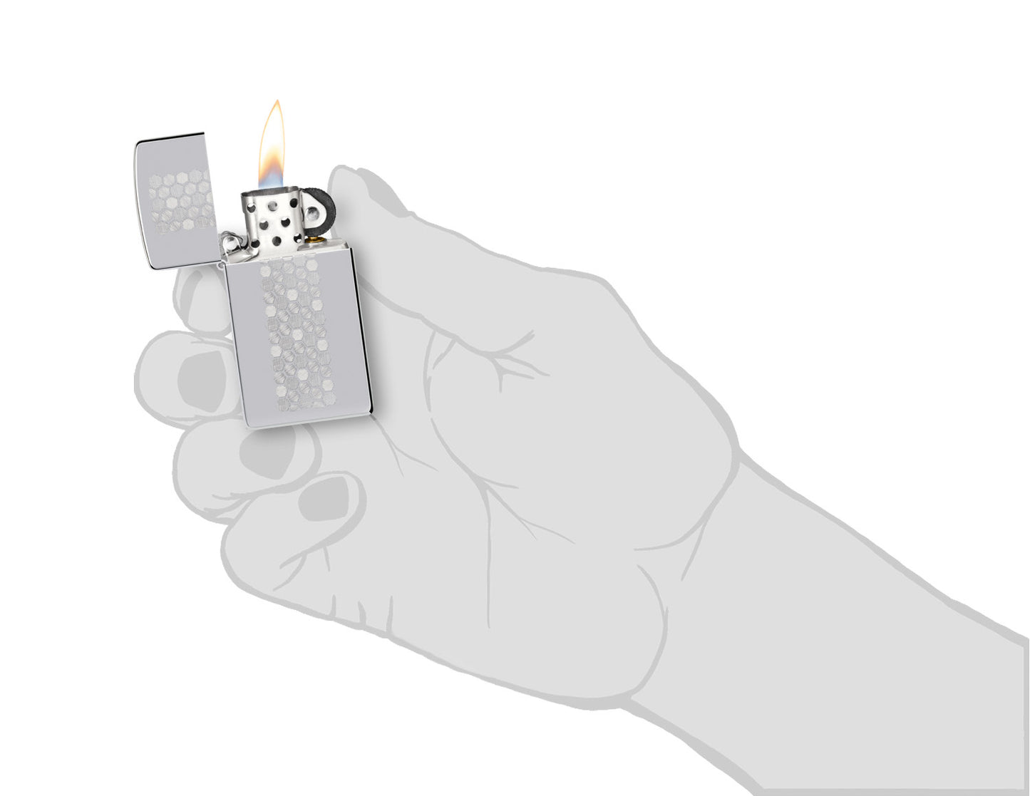 Zippo SlimÂ® Honeycomb Design High Polish Chrome Windproof Lighter lit in hand.