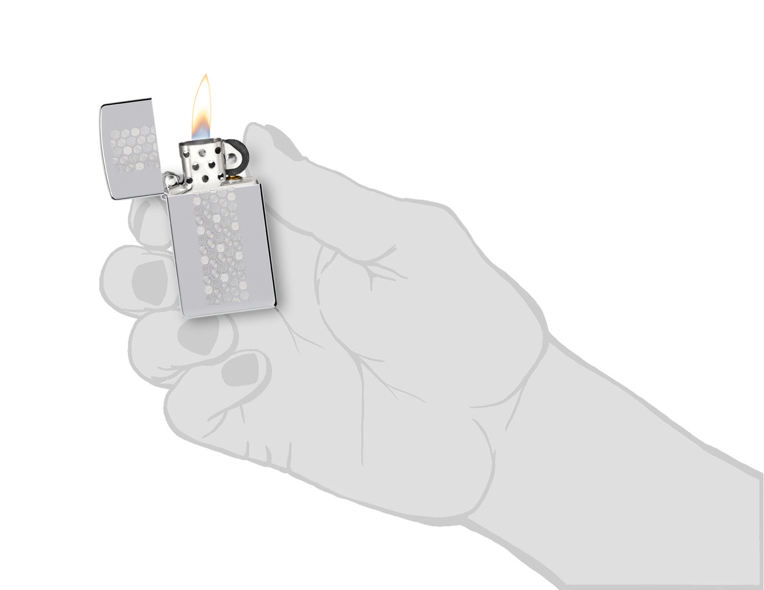 Zippo SlimÂ® Honeycomb Design High Polish Chrome Windproof Lighter lit in hand.