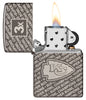 Zippo NFL Kansas City Chiefs Super Bowl Commemorative Armor Black Ice Windproof Lighter with its lid open and lit.