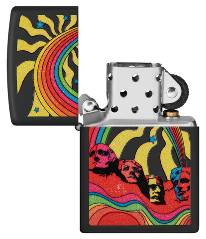 Zippo Hippie Mt Rushmore Design Black Matte Windproof Lighter with its lid open and unlit.