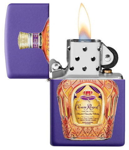 Crown Royal® Purple Matte Windproof Lighter with its lid open and lit.