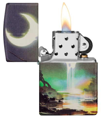 Zippo Moon Dream Design 540 Color Glow in the Dark Windproof Lighter with its lid open and lit.