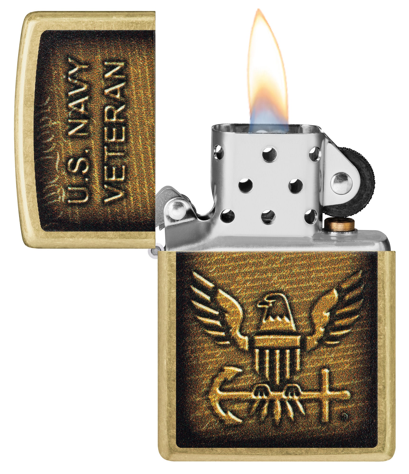 Zippo United States NavyÂ® Street Brass Windproof Lighter with its lid open and lit.