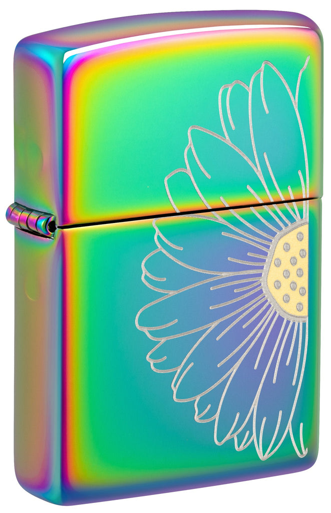Front shot of Zippo Daisy Design Multi Color Windproof Lighter standing at a 3/4 angle.