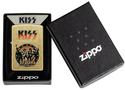 Zippo KISS® 50 Years Design Street Brass Windproof Lighter in its packaging.