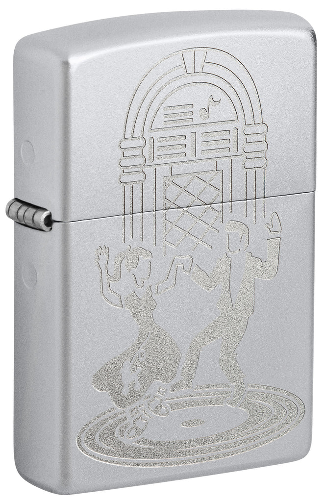 Front shot of Zippo Vintage Dance Design Satin Chrome Windproof Lighter standing at a 3/4 angle.