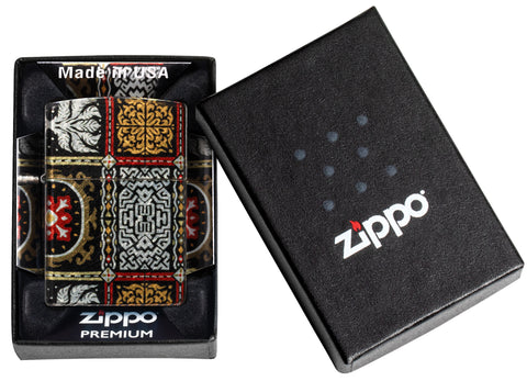Zippo Tapestry Pattern Design 540 Tumbled Chrome Windproof Lighter in its packaging.