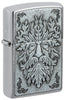 Front shot of Zippo Greenman Emblem Brushed Chrome Windproof Lighter standing ar a 3/4 angle.