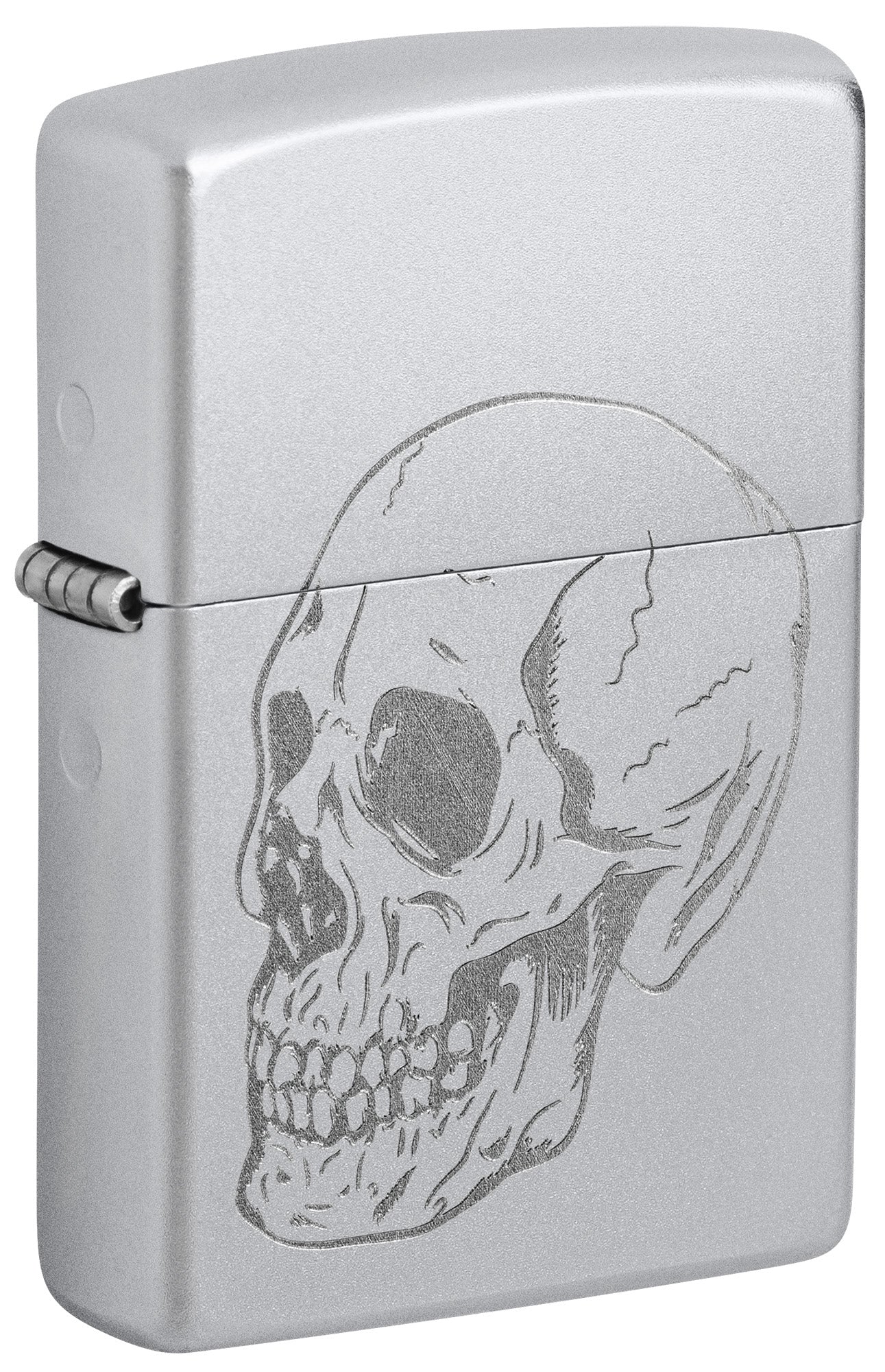 Front shot of Zippo Subtle Skull Design Satin Chrome Windproof Lighter standing at a 3/4 angle.