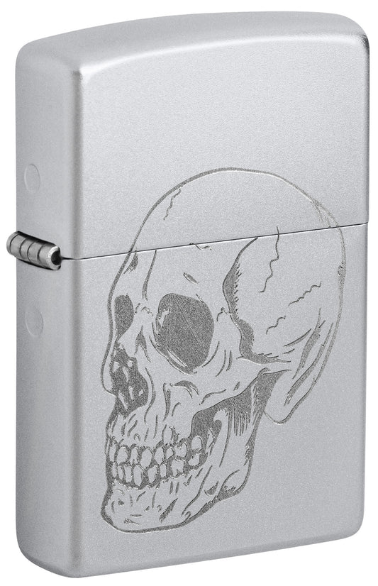 Front shot of Zippo Subtle Skull Design Satin Chrome Windproof Lighter standing at a 3/4 angle.