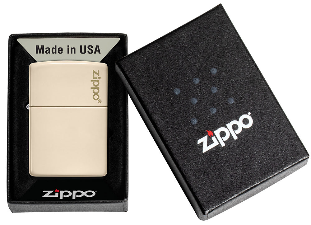 Front view of the Classic Flat Sand Zippo Logo pocket lighter closed in the one box packaging