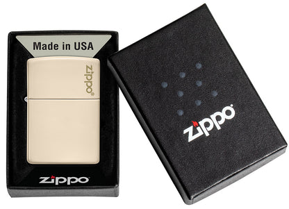 Front view of the Classic Flat Sand Zippo Logo pocket lighter closed in the one box packaging