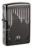 Front shot of Zippo Design High Polish Black Windproof Lighter standing at a 3/4 angle.