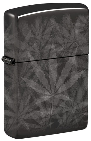 Front view of Zippo Cannabis Design High Polish Black Windproof Lighter standing at a 3/4 angle.