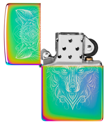 Zippo Mystic Wolf Design Multi Color Windproof Lighter with its lid open and unlit.