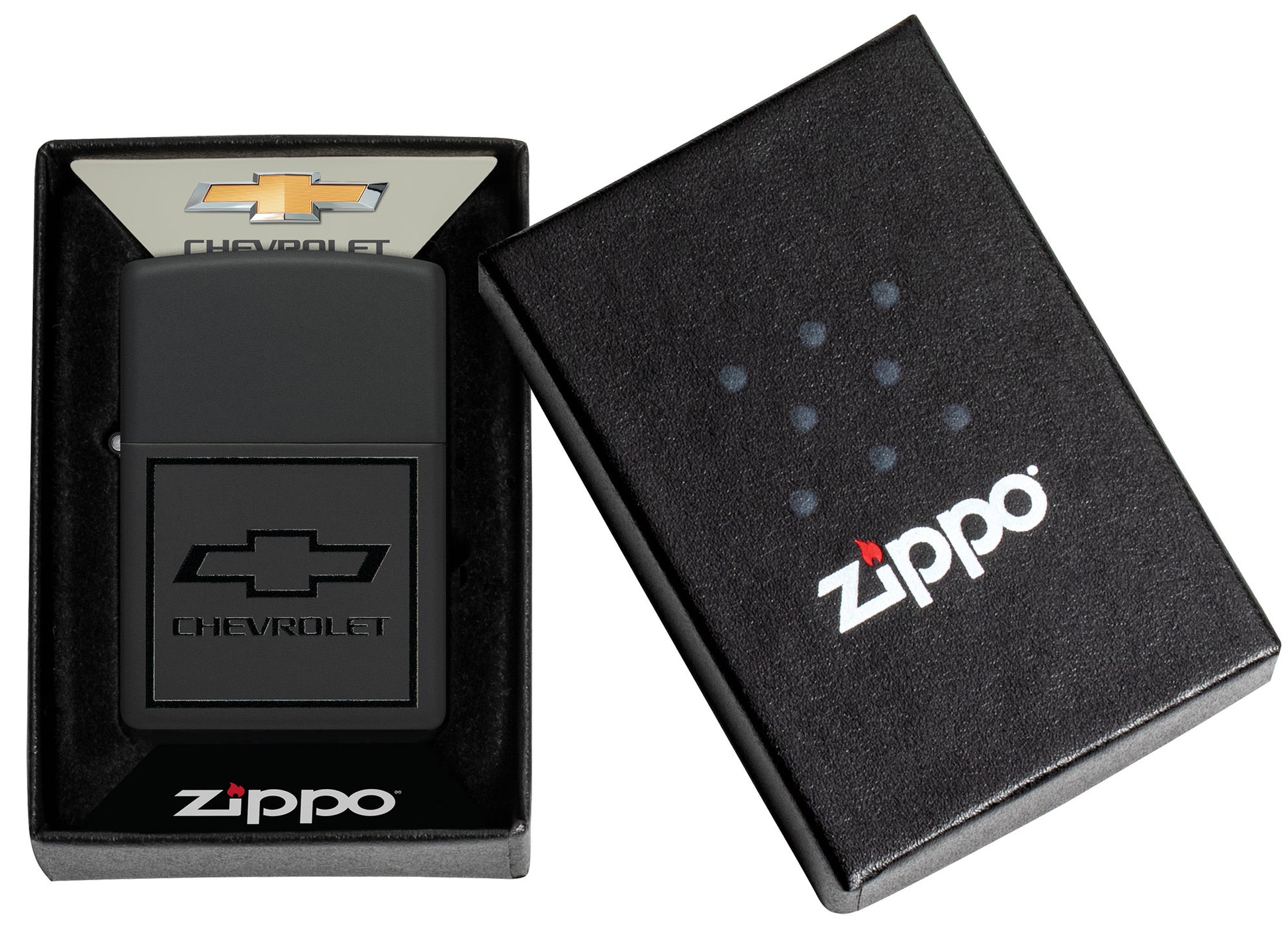 Zippo ChevroletÂ® Bowtie Design Black Matte Windproof Lighter in its packaging.