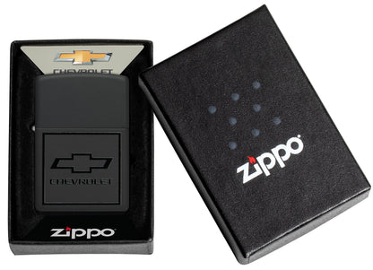 Zippo ChevroletÂ® Bowtie Design Black Matte Windproof Lighter in its packaging.