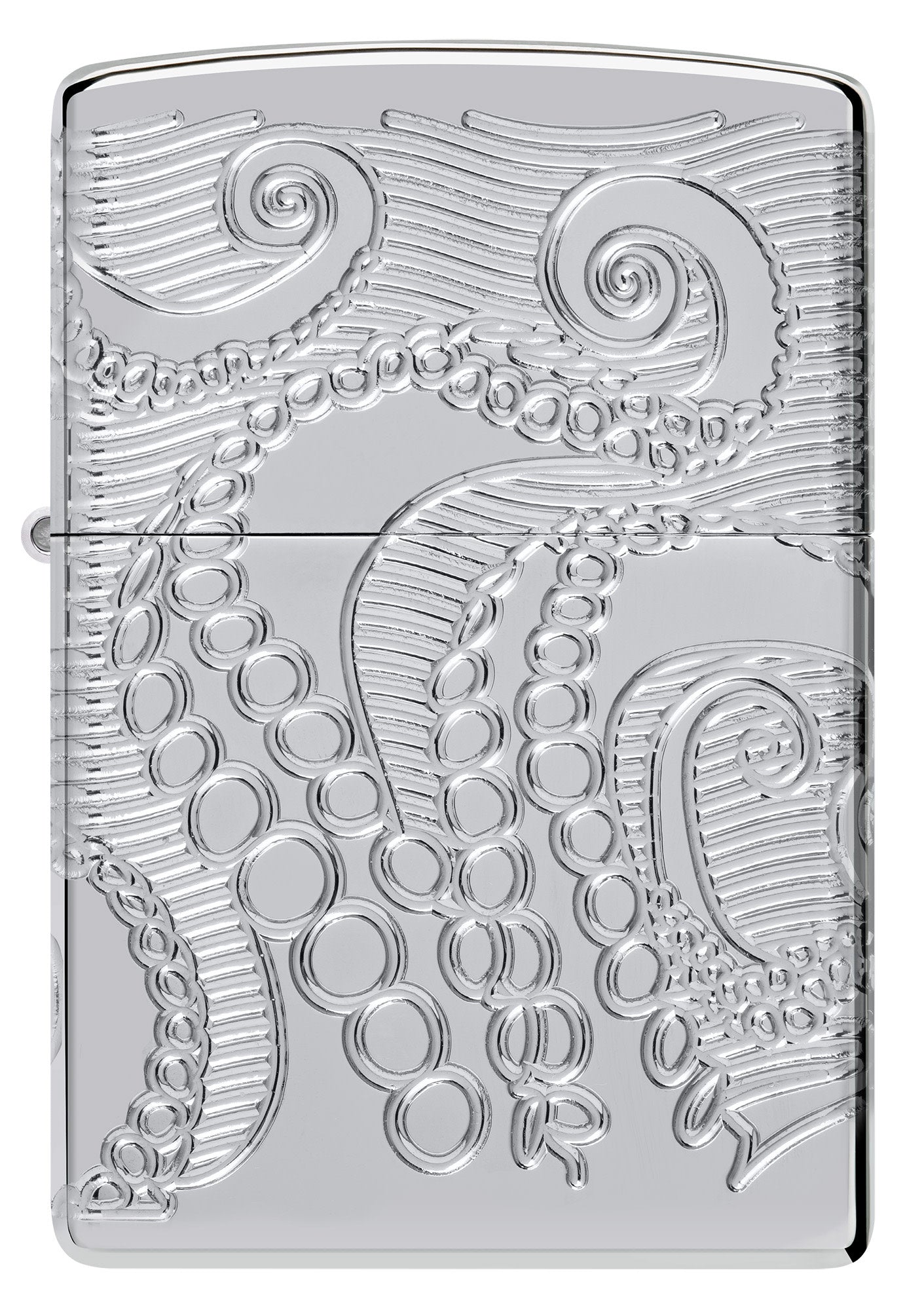 Front shot of Zippo Tentacles Design ArmorÂ® High Polish Chrome Windproof Lighter.