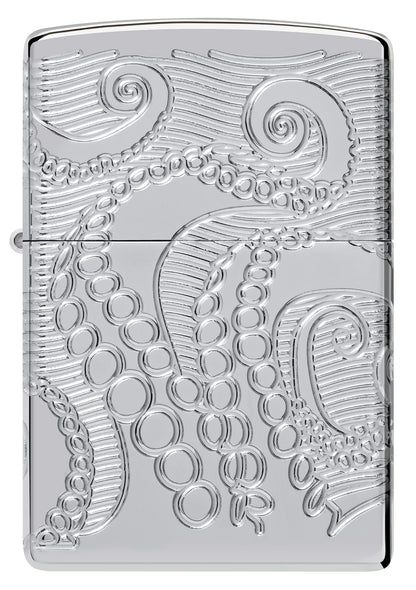 Front shot of Zippo Tentacles Design ArmorÂ® High Polish Chrome Windproof Lighter.