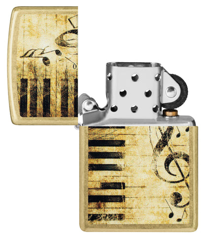 Zippo Nothing but Treble Design Street Brass Windproof Lighter with its lid open and unlit.