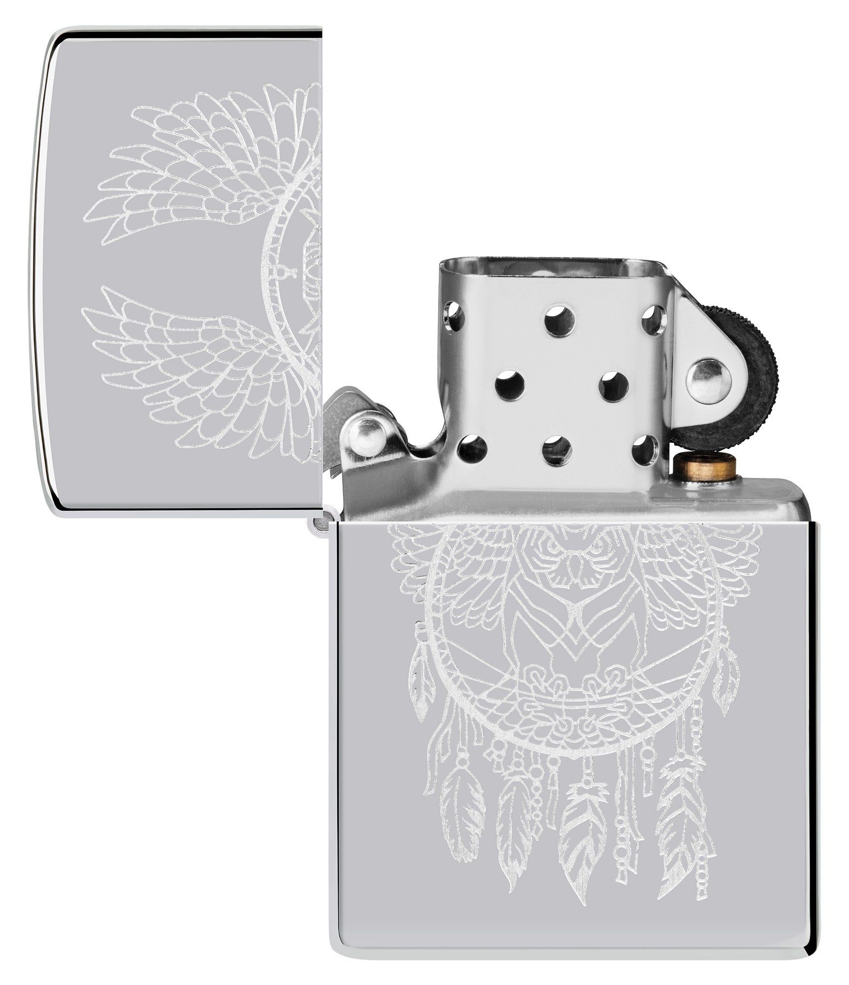 Zippo Dreamcatcher Design High Polish Chrome Windproof Lighter with its lid open and untlit.